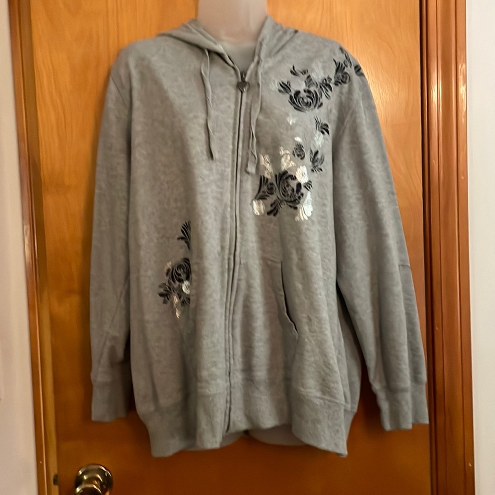 Lightweight gray hoodie with silver and navy front designs